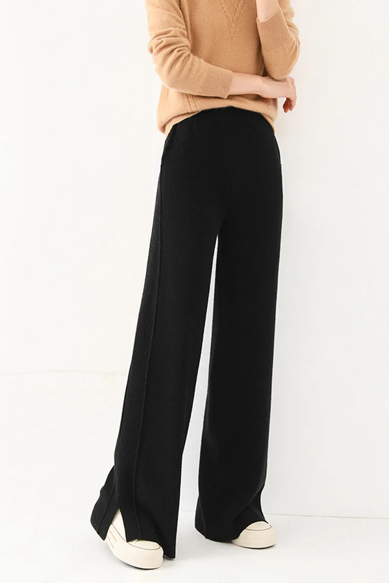 100 Merino Wool Knit Wide Leg Lounge Pants with Side Slit