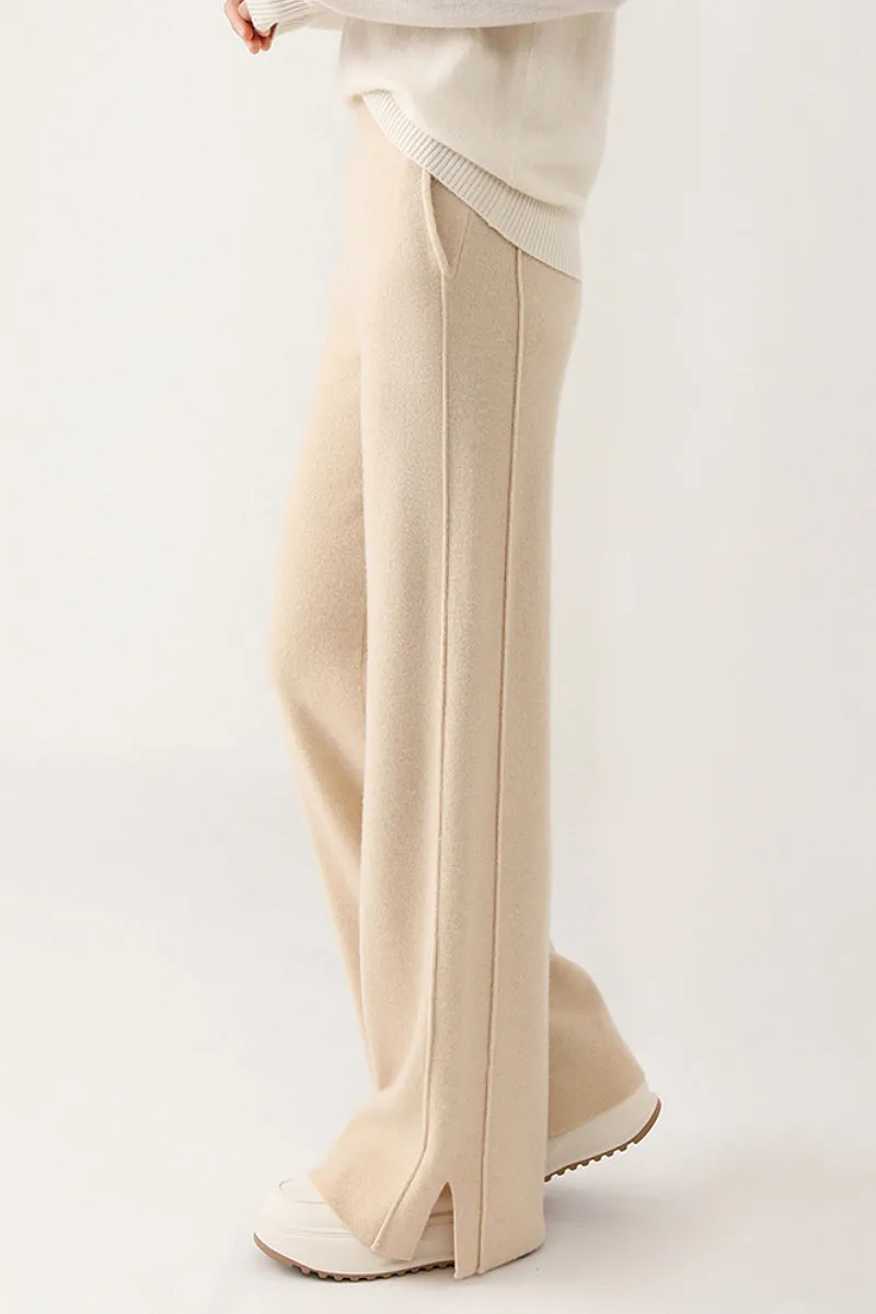 100 Merino Wool Knit Wide Leg Lounge Pants with Side Slit