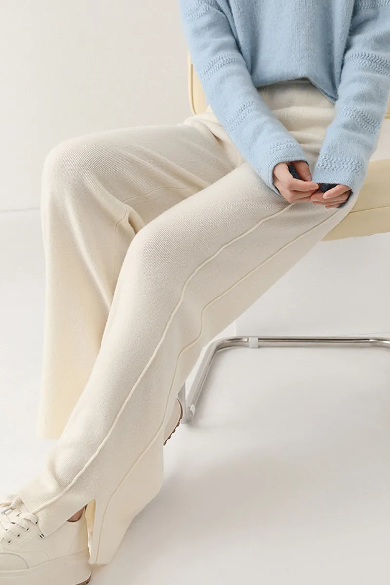 100 Merino Wool Knit Wide Leg Lounge Pants with Side Slit