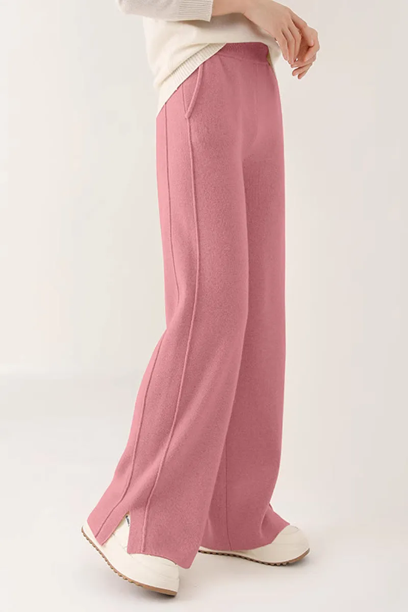 100 Merino Wool Knit Wide Leg Lounge Pants with Side Slit