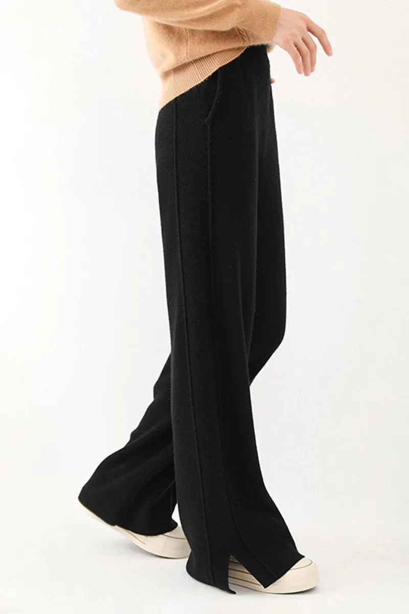 100 Merino Wool Knit Wide Leg Lounge Pants with Side Slit