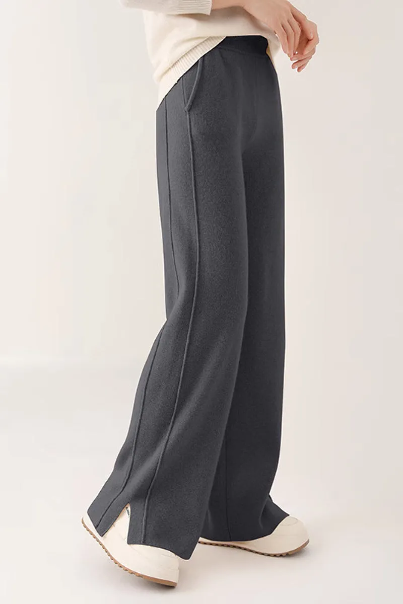 100 Merino Wool Knit Wide Leg Lounge Pants with Side Slit