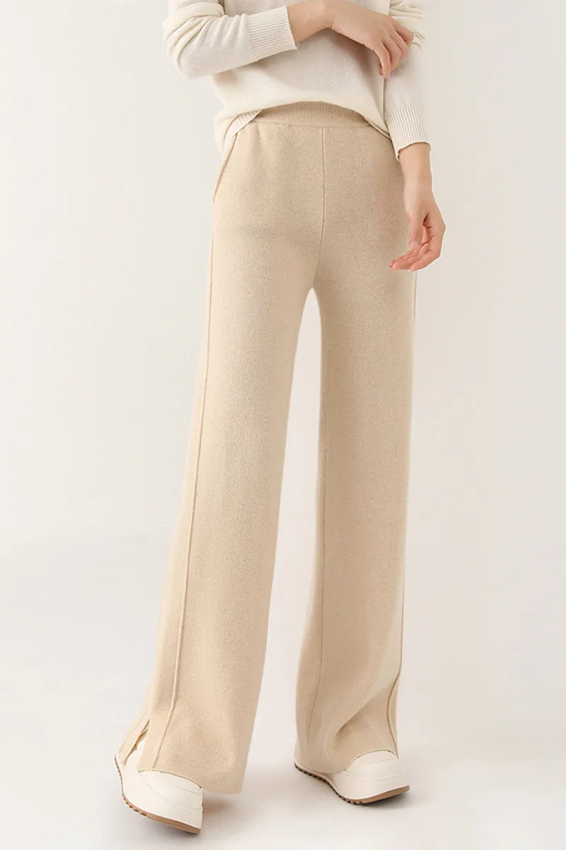 100 Merino Wool Knit Wide Leg Lounge Pants with Side Slit