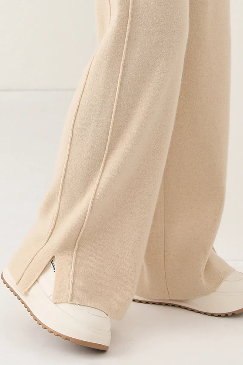 100 Merino Wool Knit Wide Leg Lounge Pants with Side Slit