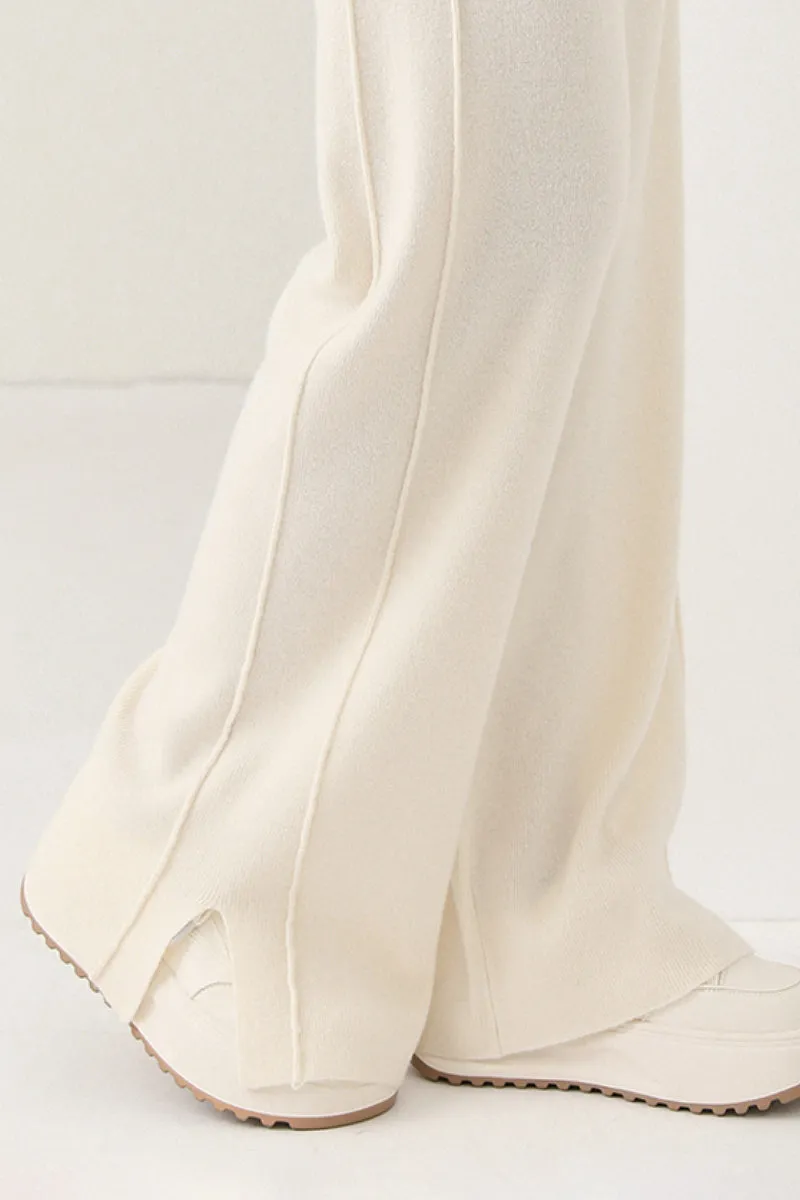 100 Merino Wool Knit Wide Leg Lounge Pants with Side Slit