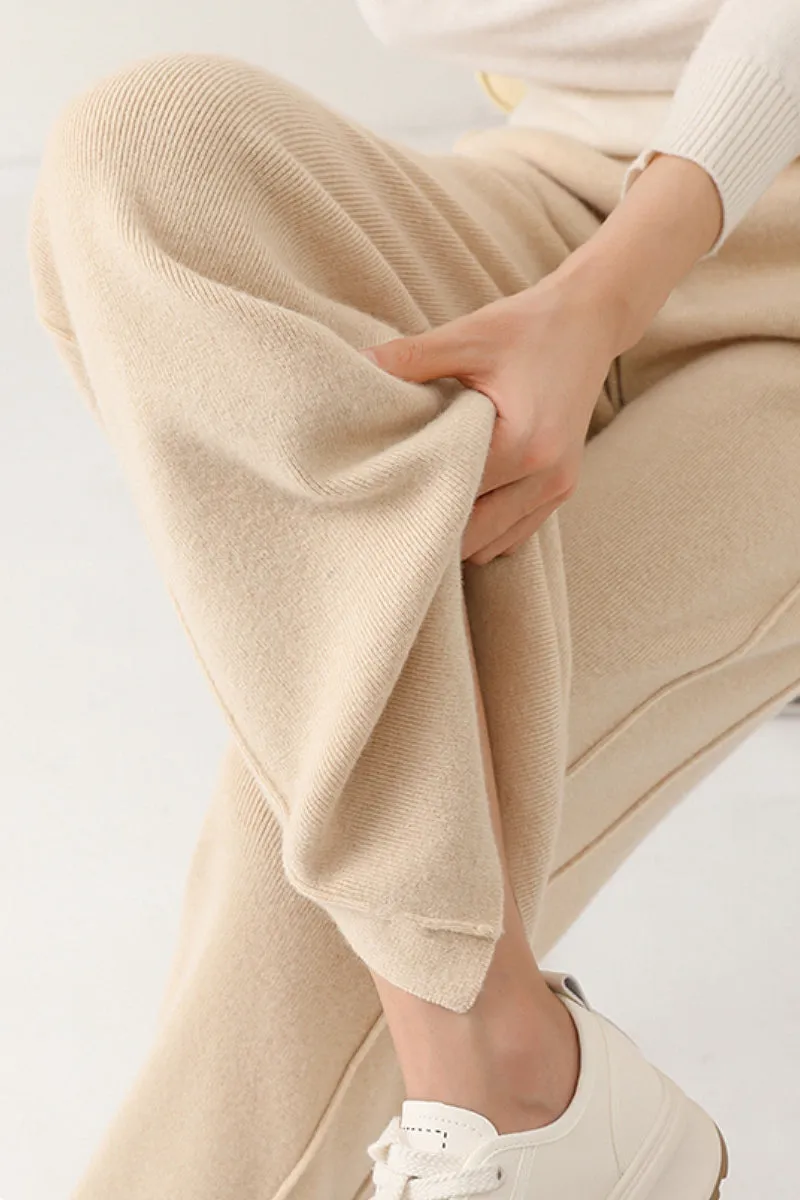 100 Merino Wool Knit Wide Leg Lounge Pants with Side Slit