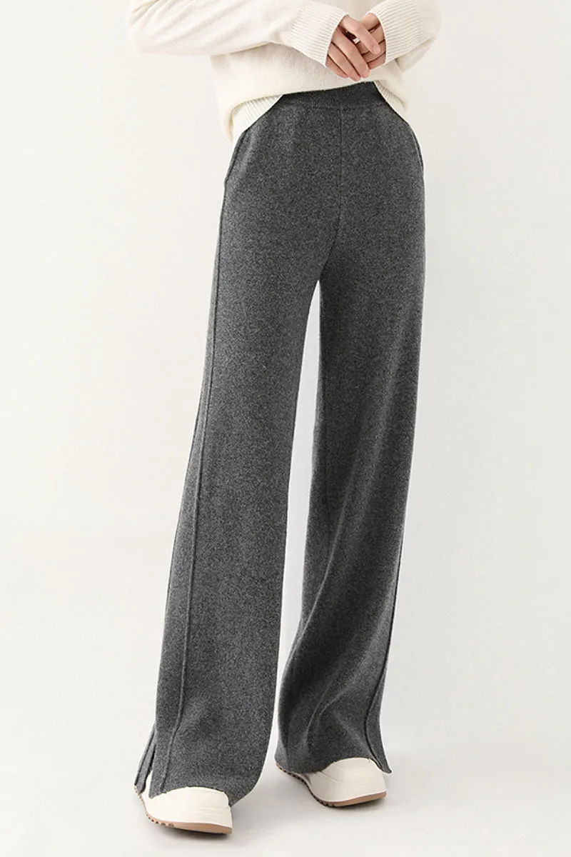 100 Merino Wool Knit Wide Leg Lounge Pants with Side Slit