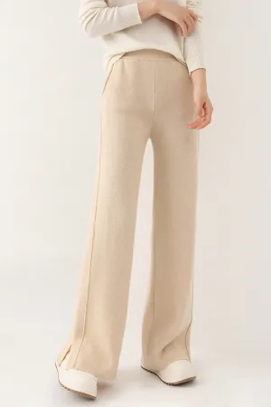 100 Merino Wool Knit Wide Leg Lounge Pants with Side Slit