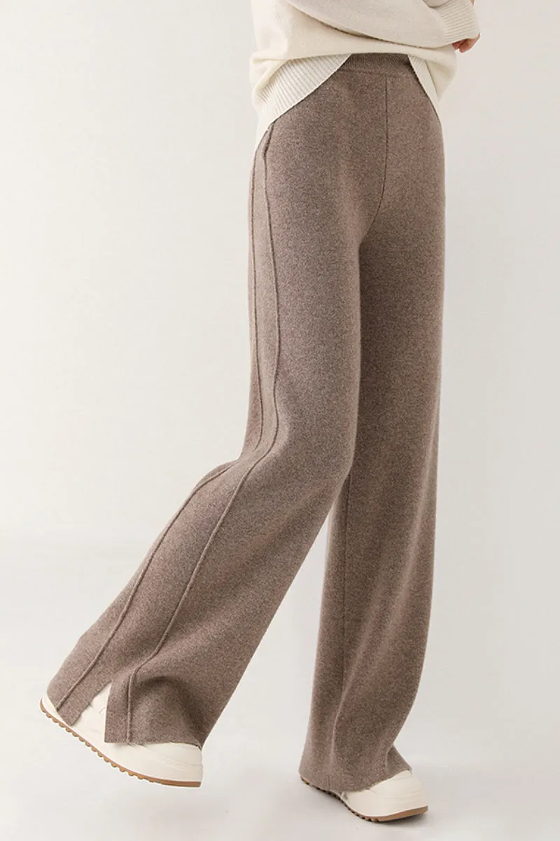 100 Merino Wool Knit Wide Leg Lounge Pants with Side Slit