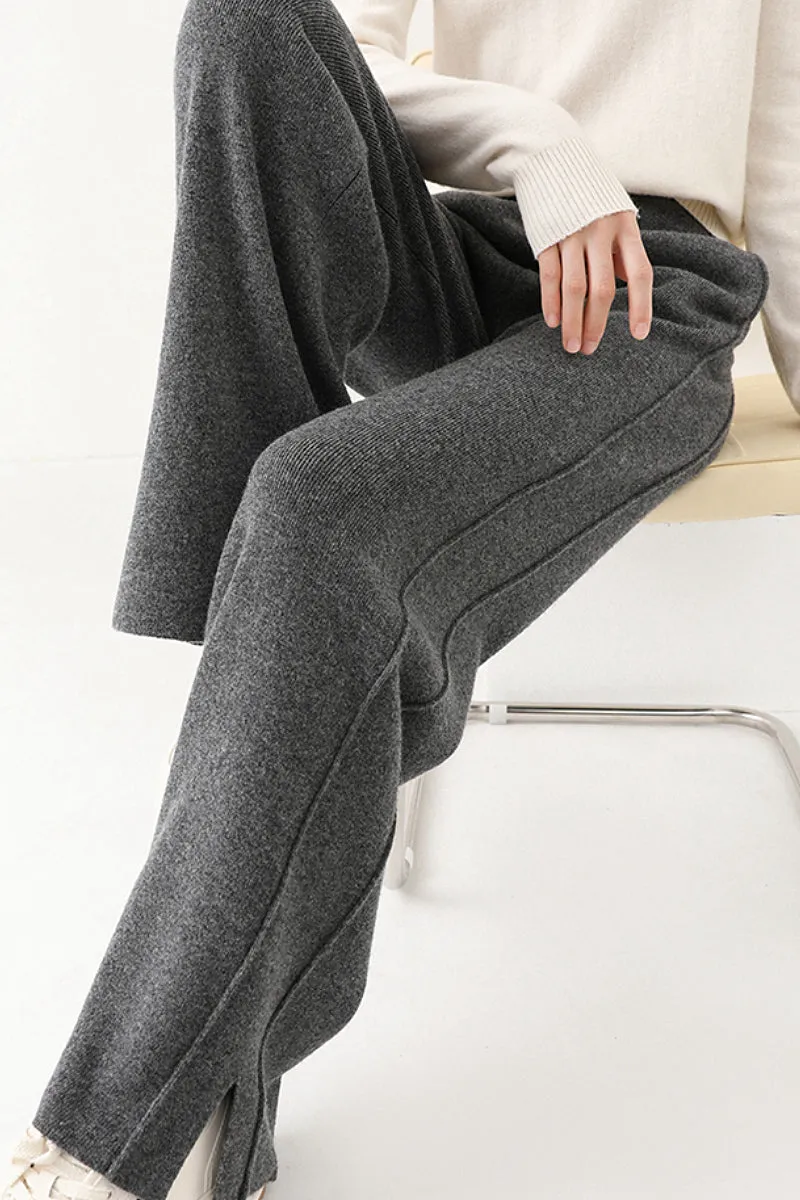 100 Merino Wool Knit Wide Leg Lounge Pants with Side Slit