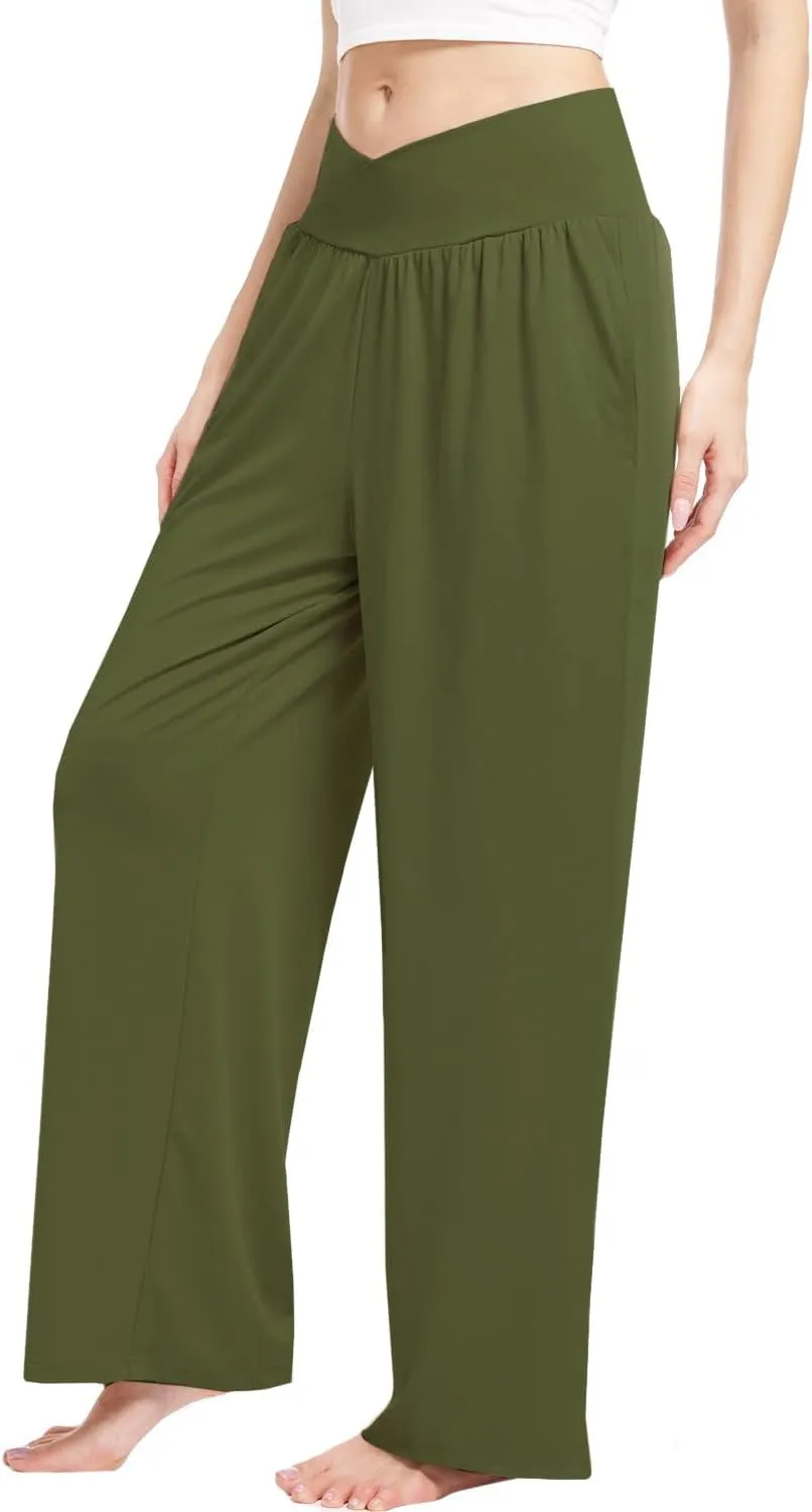3 Pack Womens Wide Leg Yoga Pants Crossover High Waisted Casual Loose Lounge Sweatpants with Pockets