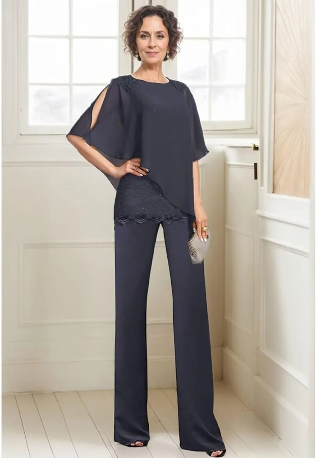 3 Piece Mother of The Bride Pantsuits for Wedding Chiffon Scoop Neck Formal Pants Outfit for Women Dressy with Sleeves