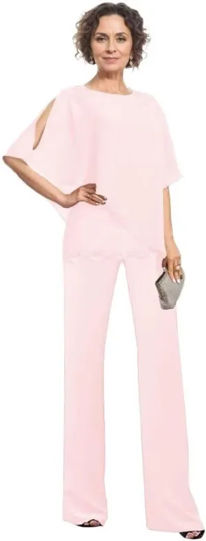 3 Piece Mother of The Bride Pantsuits for Wedding Chiffon Scoop Neck Formal Pants Outfit for Women Dressy with Sleeves