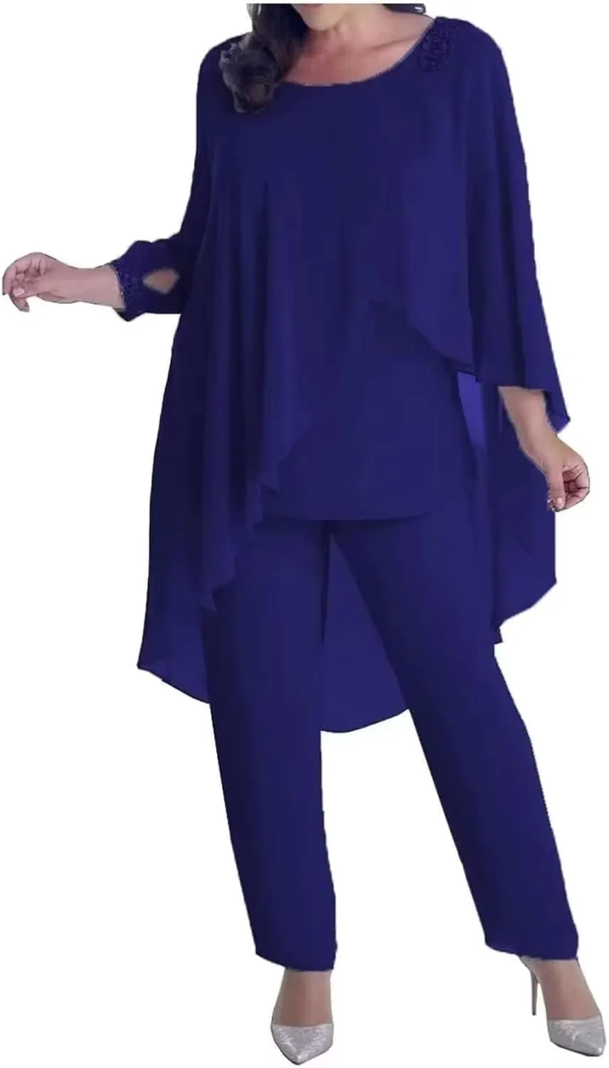 3 Pieces Mother of The Bride Pantsuits for Wedding Cloak 3/4 Long Sleeve Formal Dress for Evening Party