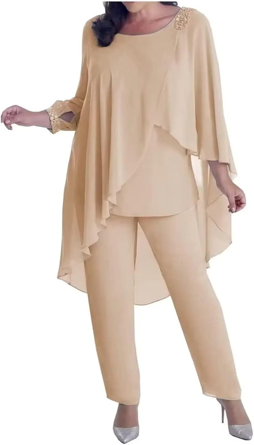3 Pieces Mother of The Bride Pantsuits for Wedding Cloak 3/4 Long Sleeve Formal Dress for Evening Party