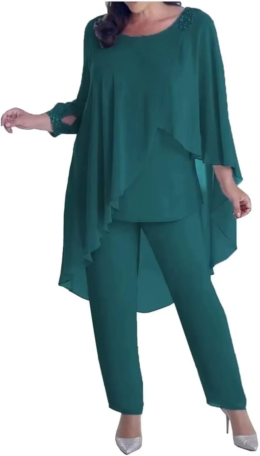 3 Pieces Mother of The Bride Pantsuits for Wedding Cloak 3/4 Long Sleeve Formal Dress for Evening Party
