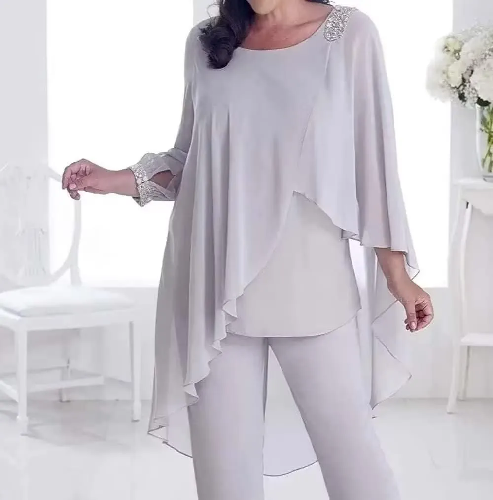 3 Pieces Mother of The Bride Pantsuits for Wedding Cloak 3/4 Long Sleeve Formal Dress for Evening Party