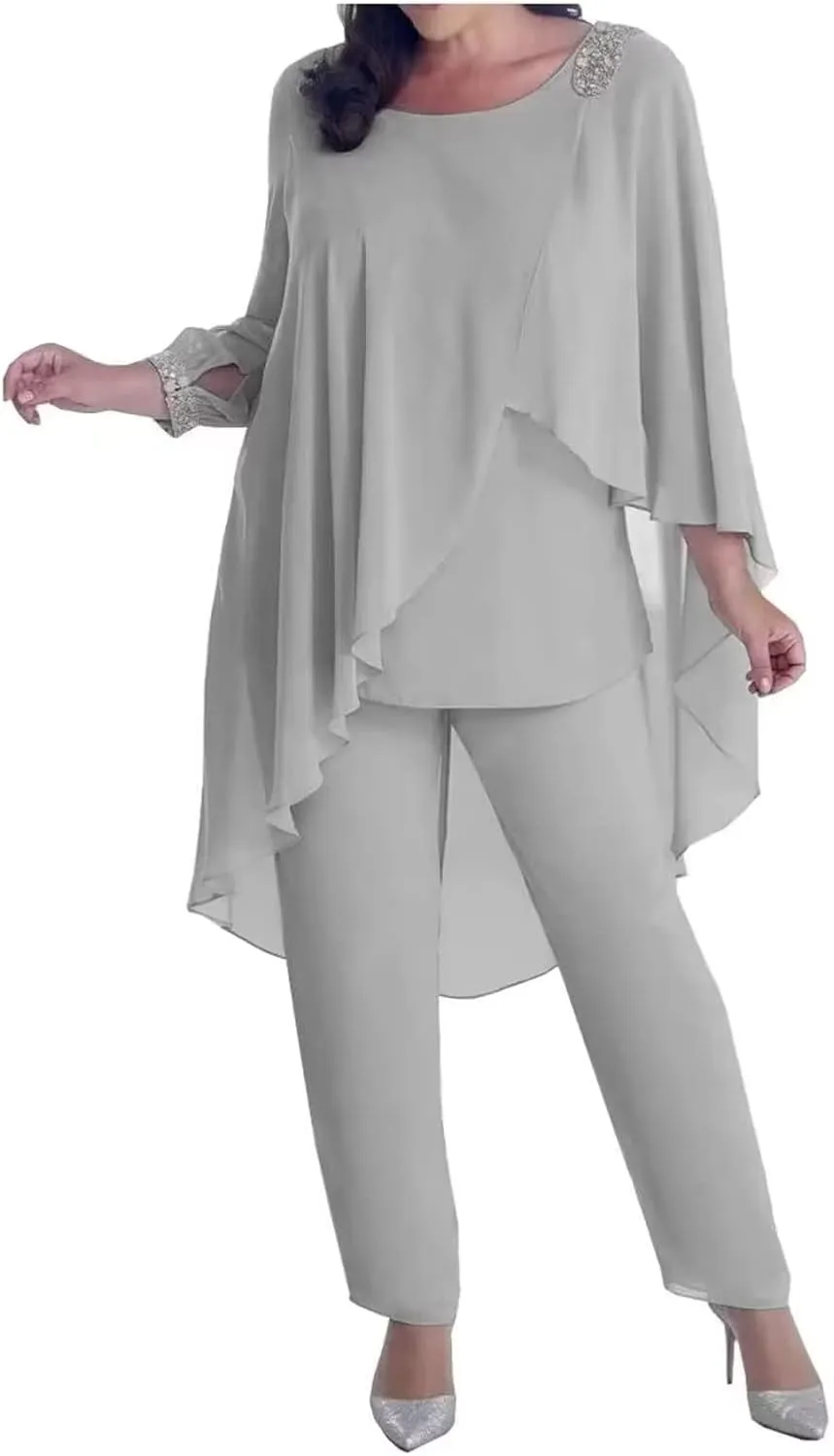 3 Pieces Mother of The Bride Pantsuits for Wedding Cloak 3/4 Long Sleeve Formal Dress for Evening Party