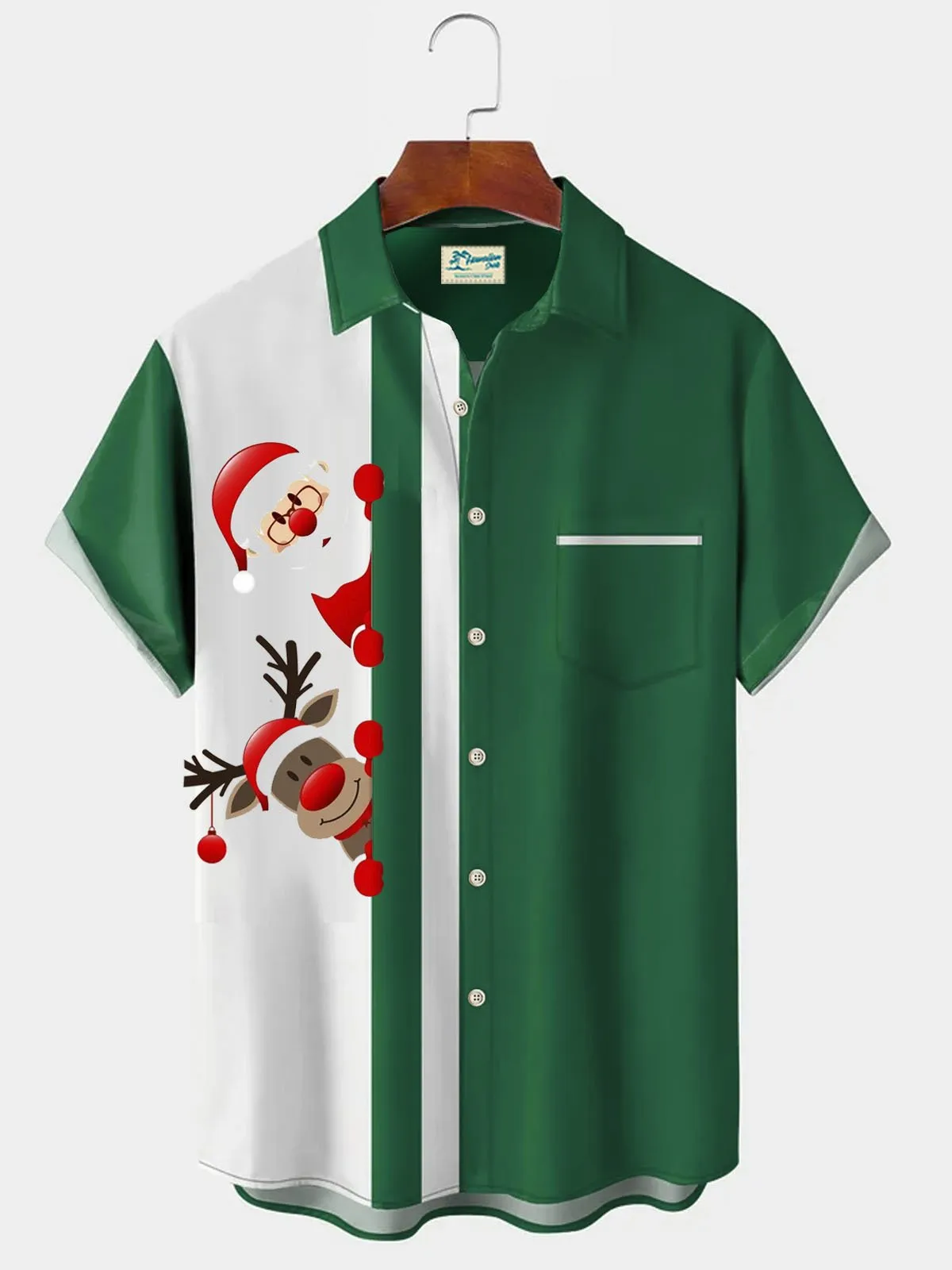 Alohadaddy Christmas Holiday Red Men's Bowling Shirts Santa Elk Cartoon Stretch Comfortable Easy Care Camp Pocket Shirts
