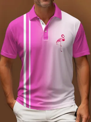 Alohadaddy Holiday Beach Flamingo Men's Hawaiian Polo Shirt Stretch Comfortable Pullover Pink Polo