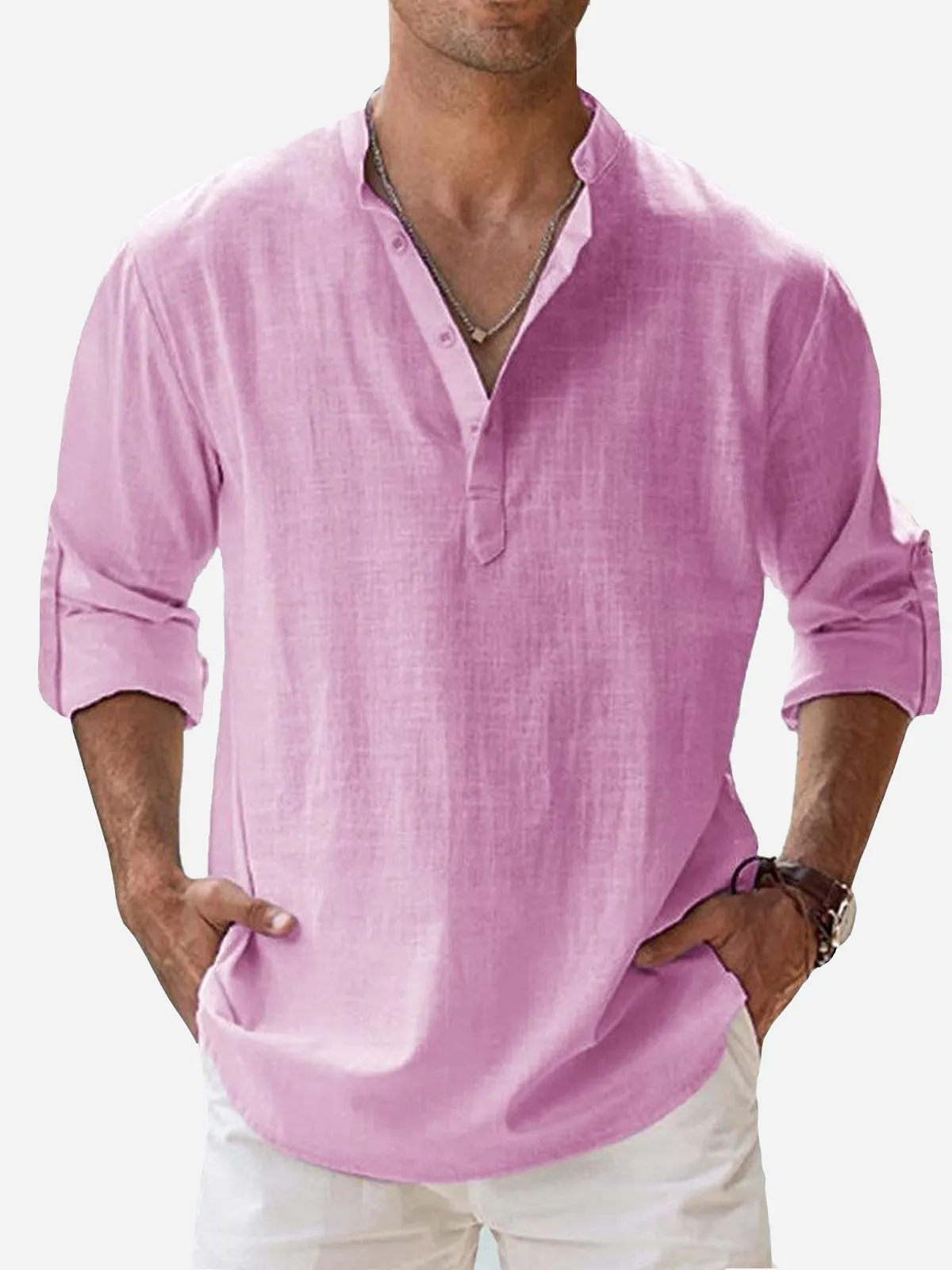 Alohadaddy Vintage Casual Basic Cotton Linen Long Sleeve Band Collar Shirts Breathable Comfortable Camp Shirts