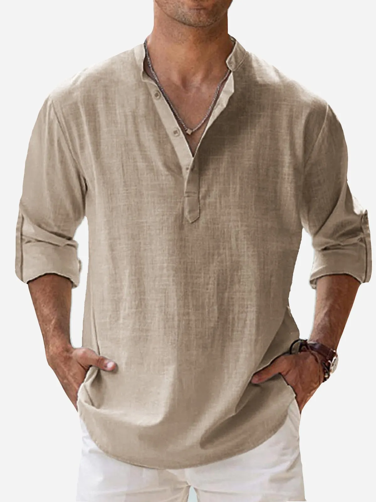 Alohadaddy Vintage Casual Basic Cotton Linen Long Sleeve Band Collar Shirts Breathable Comfortable Camp Shirts