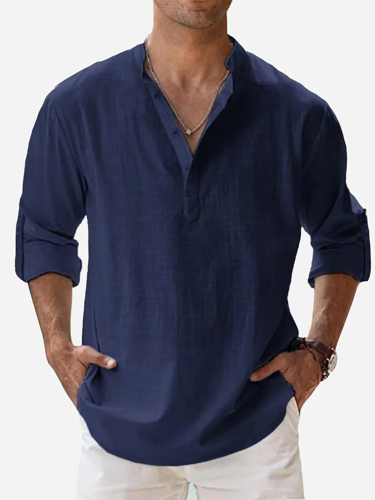 Alohadaddy Vintage Casual Basic Cotton Linen Long Sleeve Band Collar Shirts Breathable Comfortable Camp Shirts