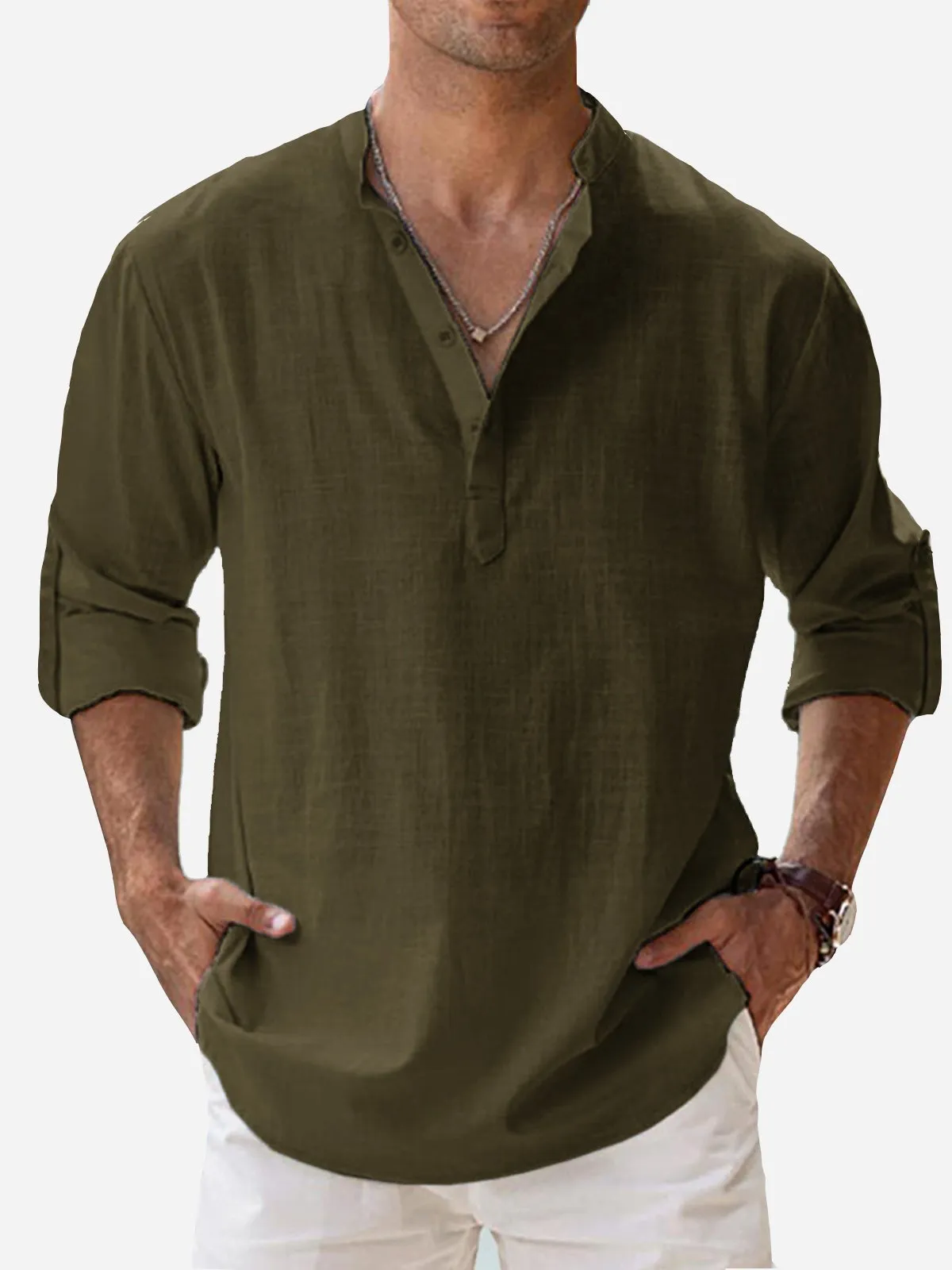 Alohadaddy Vintage Casual Basic Cotton Linen Long Sleeve Band Collar Shirts Breathable Comfortable Camp Shirts