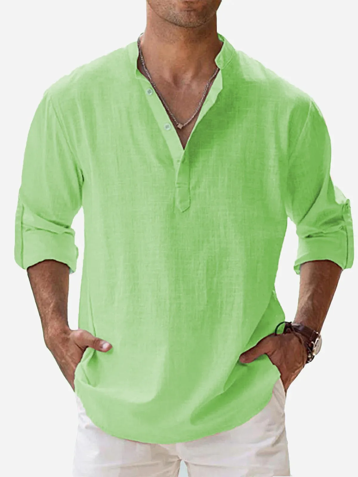 Alohadaddy Vintage Casual Basic Cotton Linen Long Sleeve Band Collar Shirts Breathable Comfortable Camp Shirts