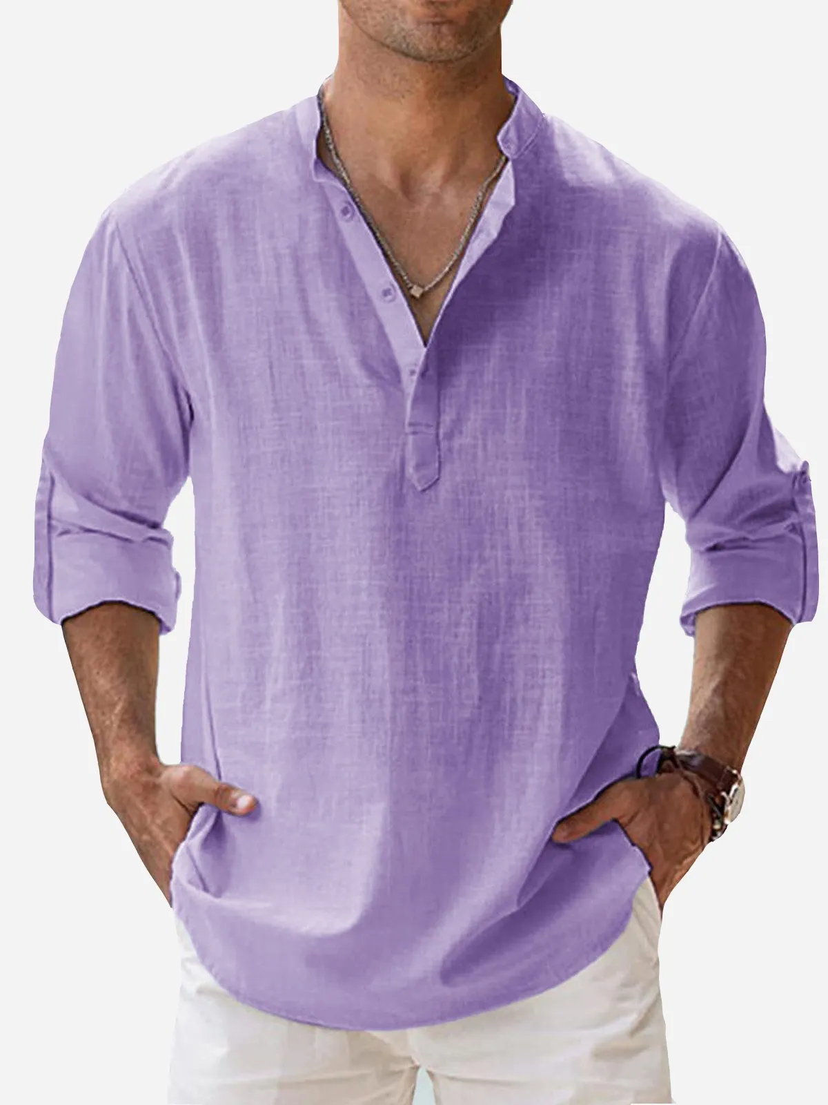 Alohadaddy Vintage Casual Basic Cotton Linen Long Sleeve Band Collar Shirts Breathable Comfortable Camp Shirts