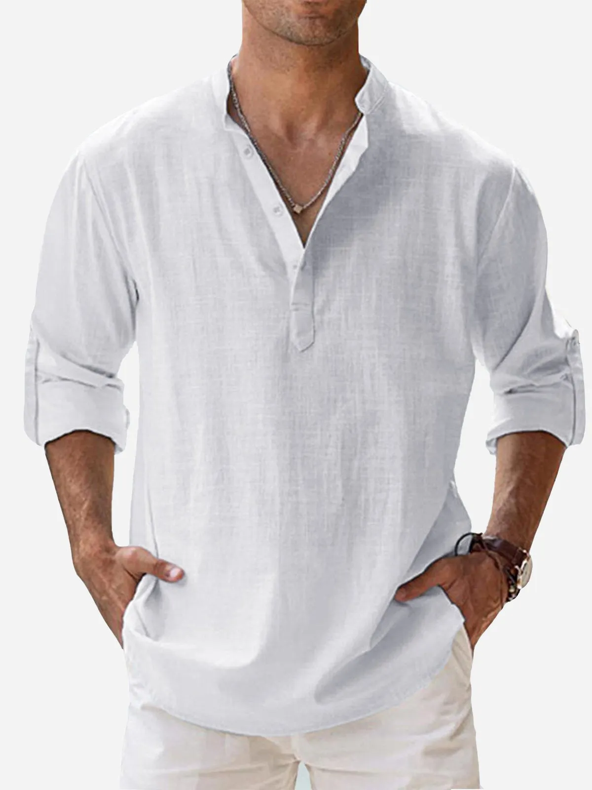 Alohadaddy Vintage Casual Basic Cotton Linen Long Sleeve Band Collar Shirts Breathable Comfortable Camp Shirts