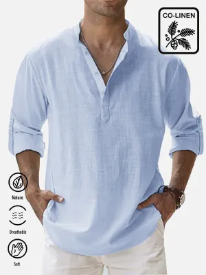 Alohadaddy Vintage Casual Basic Cotton Linen Long Sleeve Band Collar Shirts Breathable Comfortable Camp Shirts