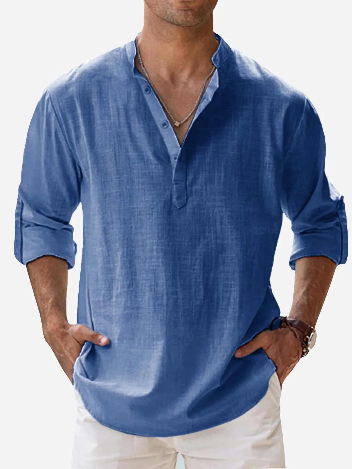 Alohadaddy Vintage Casual Basic Cotton Linen Long Sleeve Band Collar Shirts Breathable Comfortable Camp Shirts