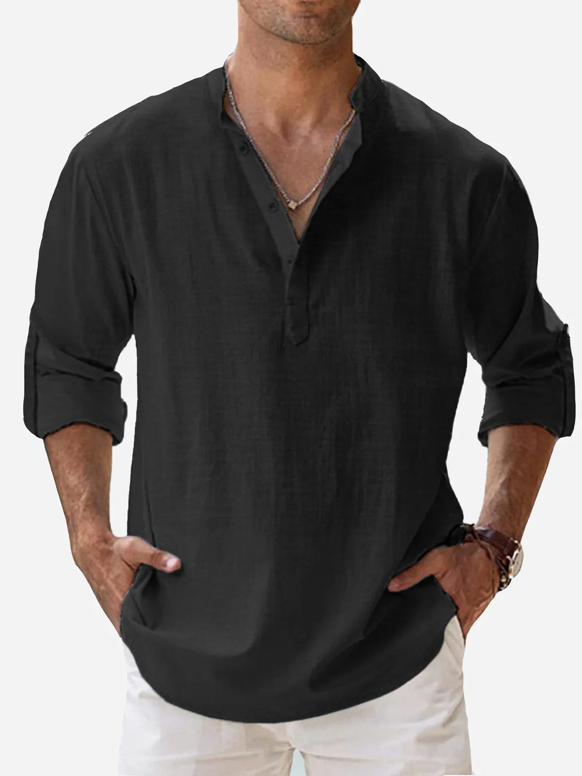 Alohadaddy Vintage Casual Basic Cotton Linen Long Sleeve Band Collar Shirts Breathable Comfortable Camp Shirts