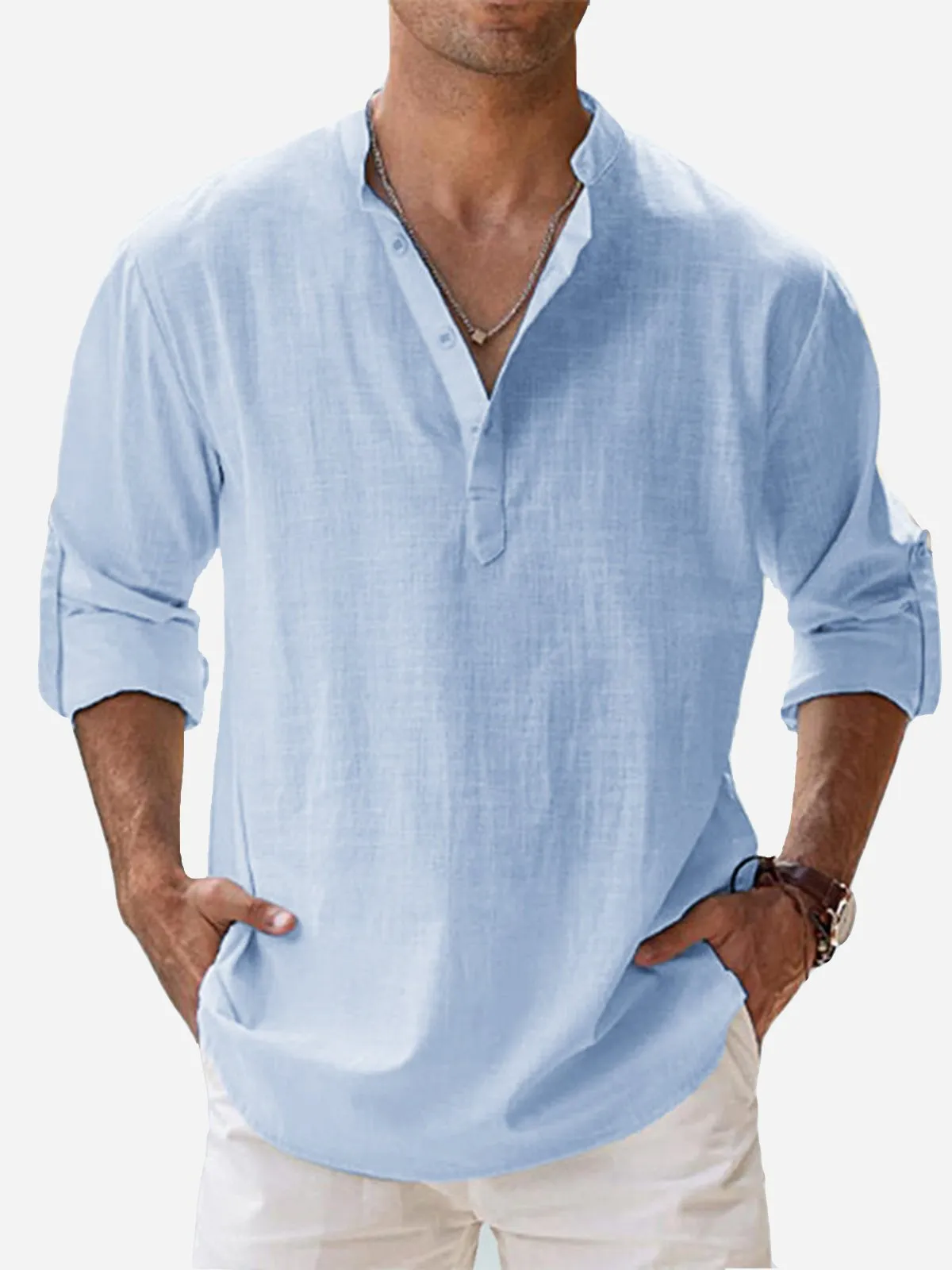 Alohadaddy Vintage Casual Basic Cotton Linen Long Sleeve Band Collar Shirts Breathable Comfortable Camp Shirts