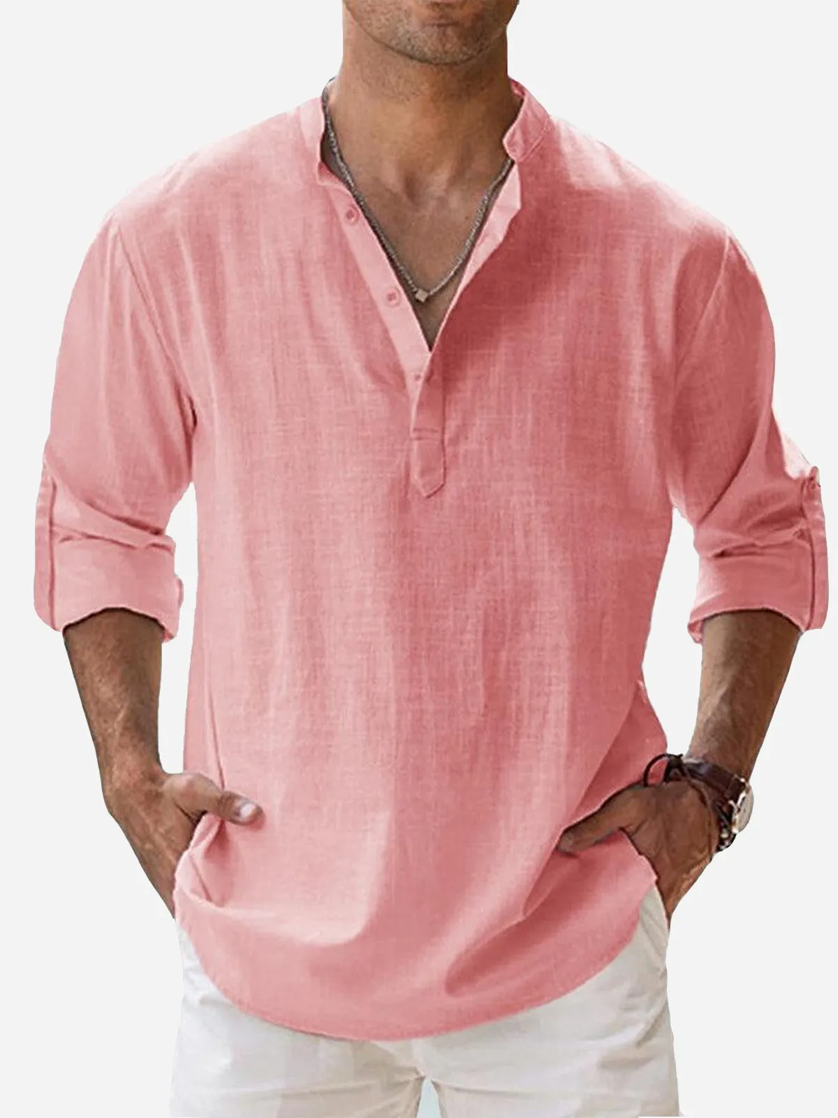 Alohadaddy Vintage Casual Basic Cotton Linen Long Sleeve Band Collar Shirts Breathable Comfortable Camp Shirts