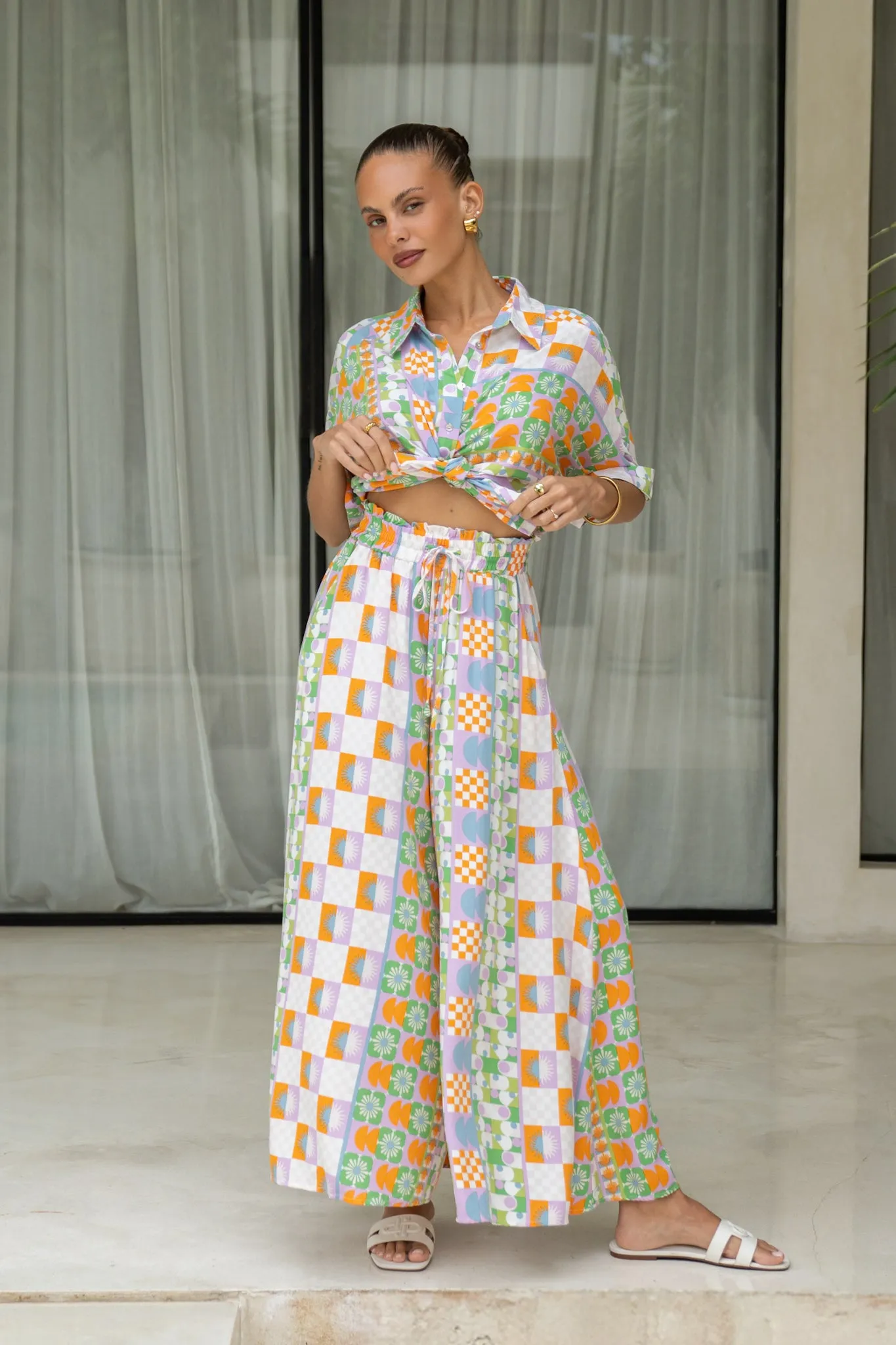 Annelie Multicolour Abstract Tile Wide Leg Cropped Pants