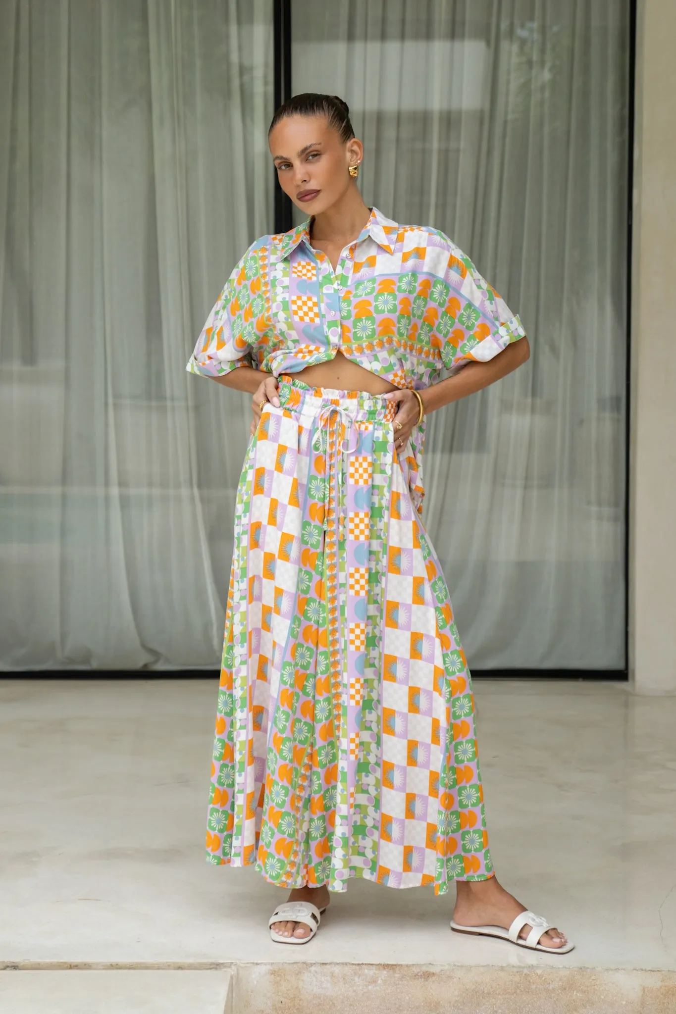 Annelie Multicolour Abstract Tile Wide Leg Cropped Pants