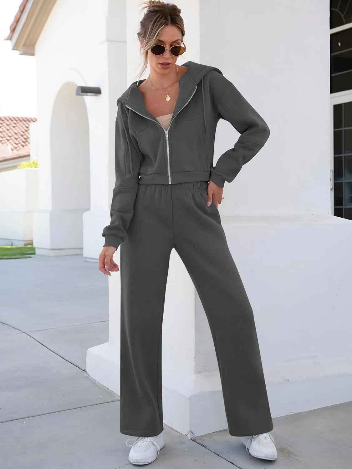 ANRABESS Women 2 Piece Outfits Sweatsuit Zip Up Crop Hoodies SweatPants Lounge Matching Sweat Set 2024 Winter Trendy Clothes