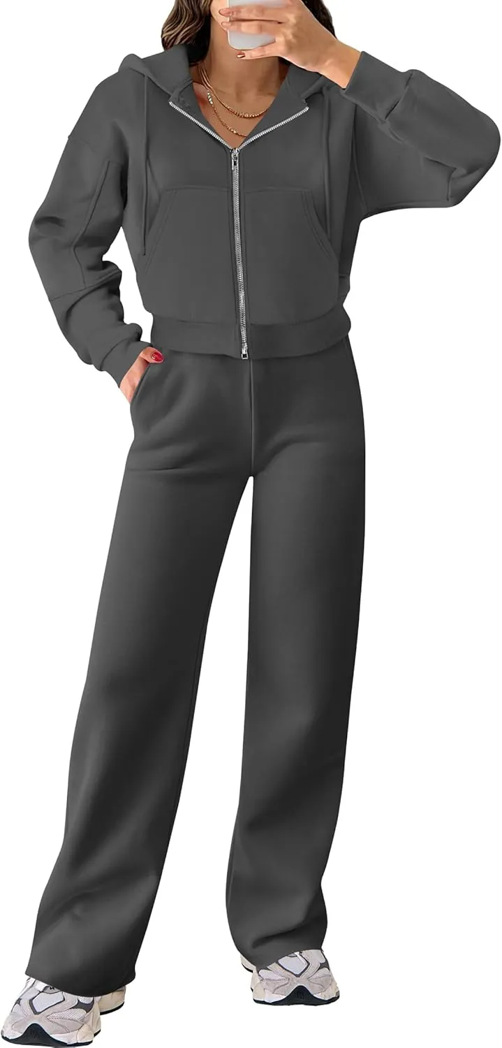 ANRABESS Women 2 Piece Outfits Sweatsuit Zip Up Crop Hoodies SweatPants Lounge Matching Sweat Set 2024 Winter Trendy Clothes