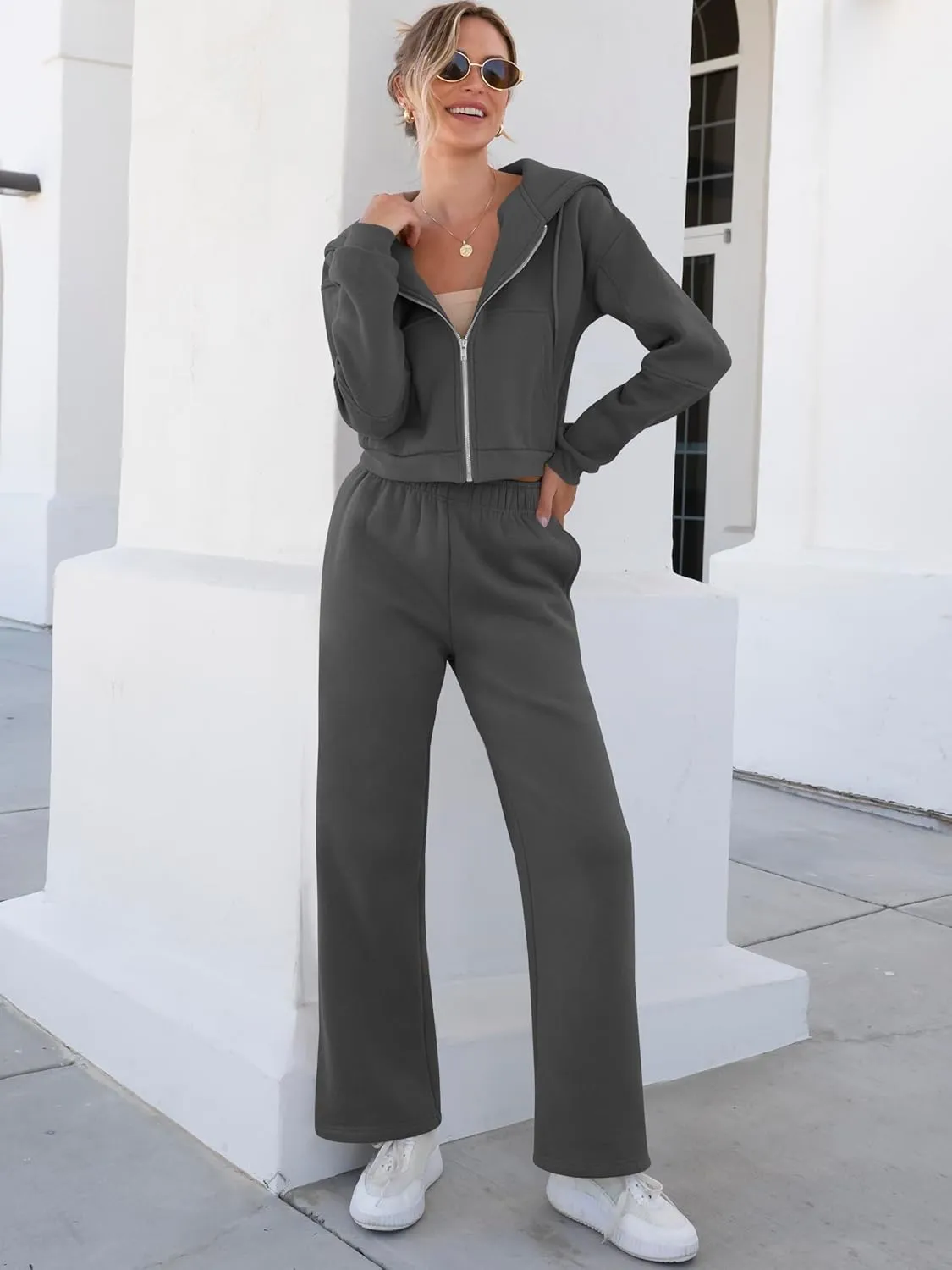 ANRABESS Women 2 Piece Outfits Sweatsuit Zip Up Crop Hoodies SweatPants Lounge Matching Sweat Set 2024 Winter Trendy Clothes