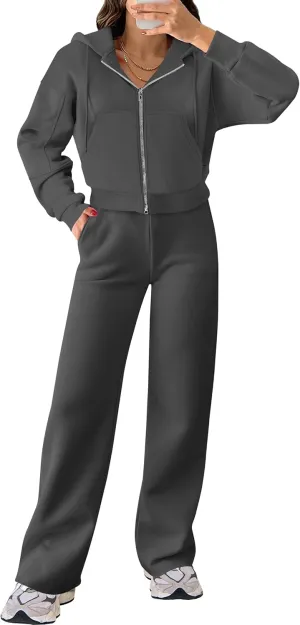 ANRABESS Women 2 Piece Outfits Sweatsuit Zip Up Crop Hoodies SweatPants Lounge Matching Sweat Set 2024 Winter Trendy Clothes