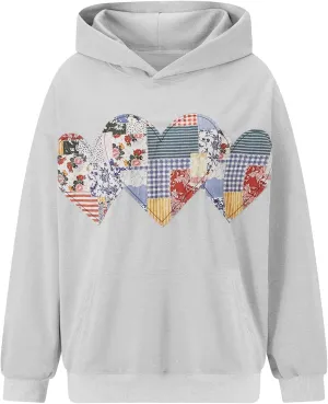Argeousgor Women's Fall Loose Hoodies Heart Applique Long Sleeve Hood Pullover with Kangaroo Pocket