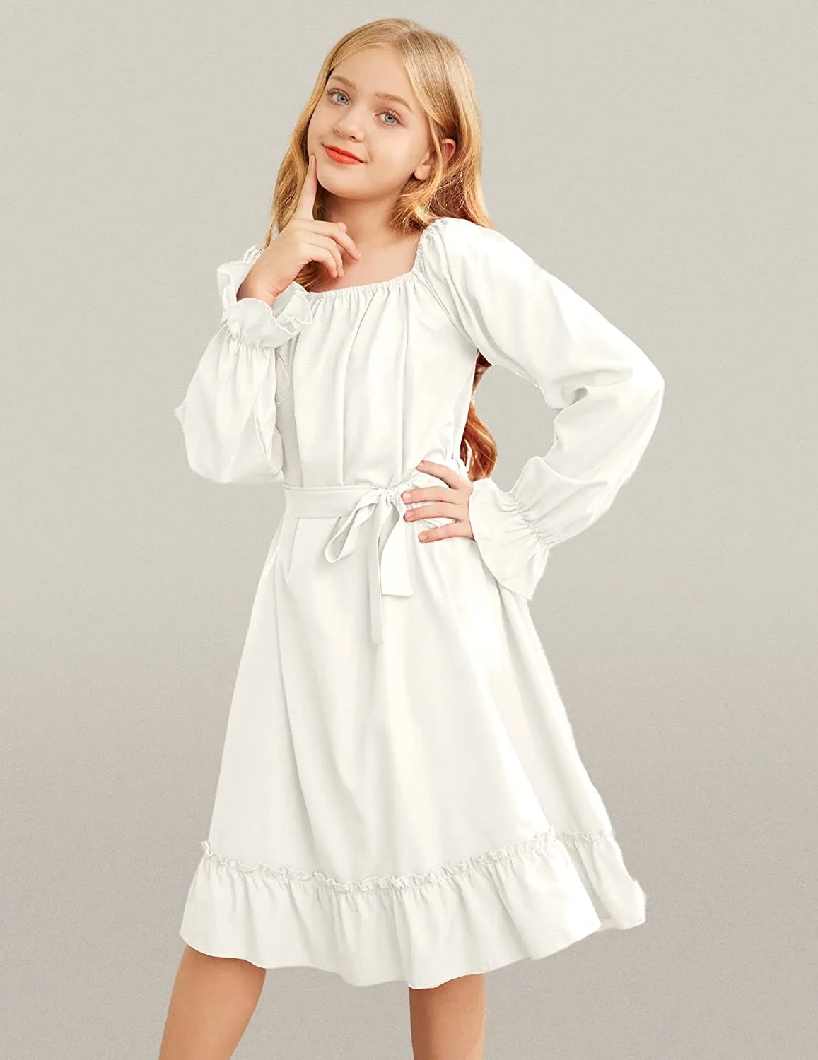Arshiner Girls Long Sleeve Dress Ruffle Flowy Swing Midi Dresses
