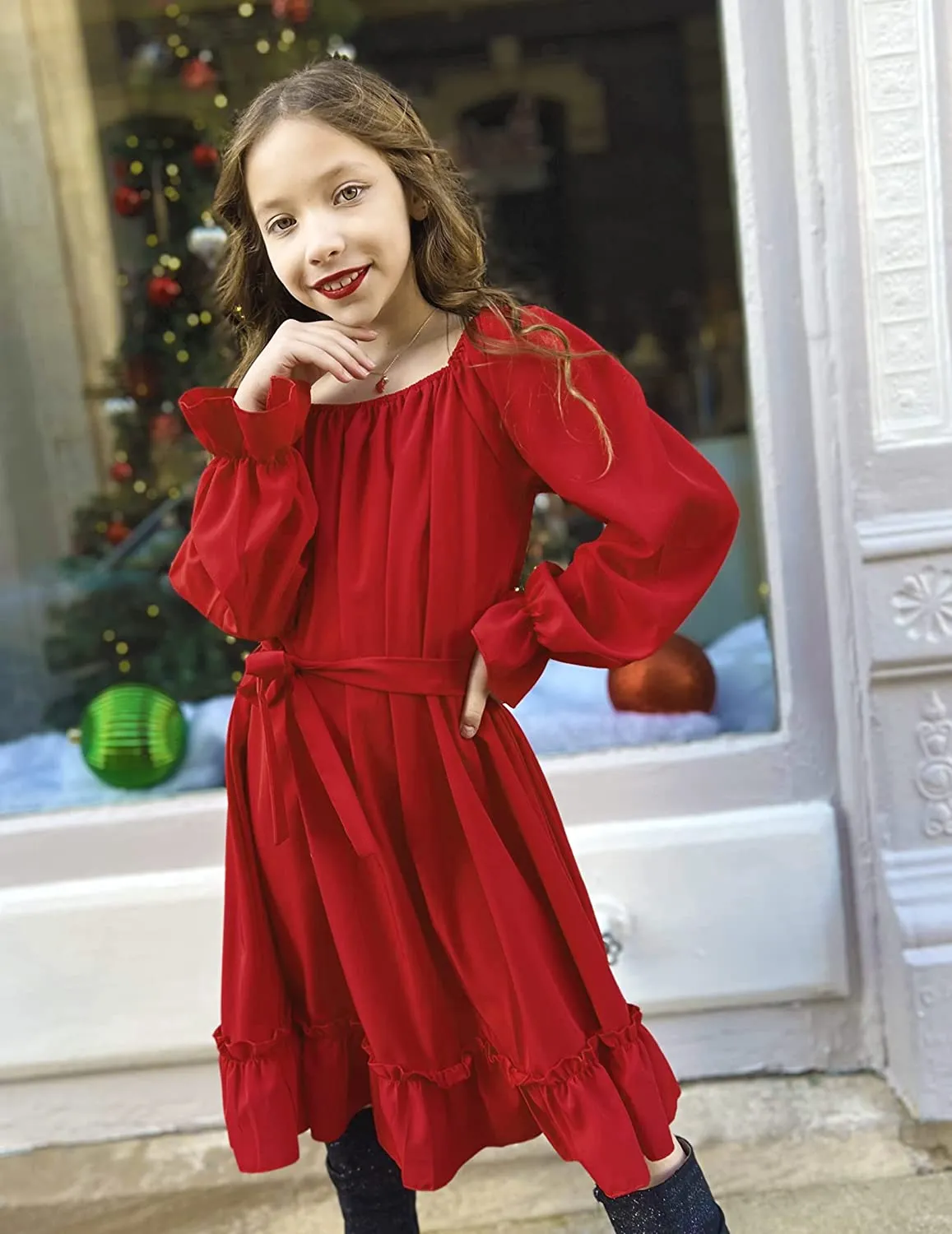 Arshiner Girls Long Sleeve Dress Ruffle Flowy Swing Midi Dresses