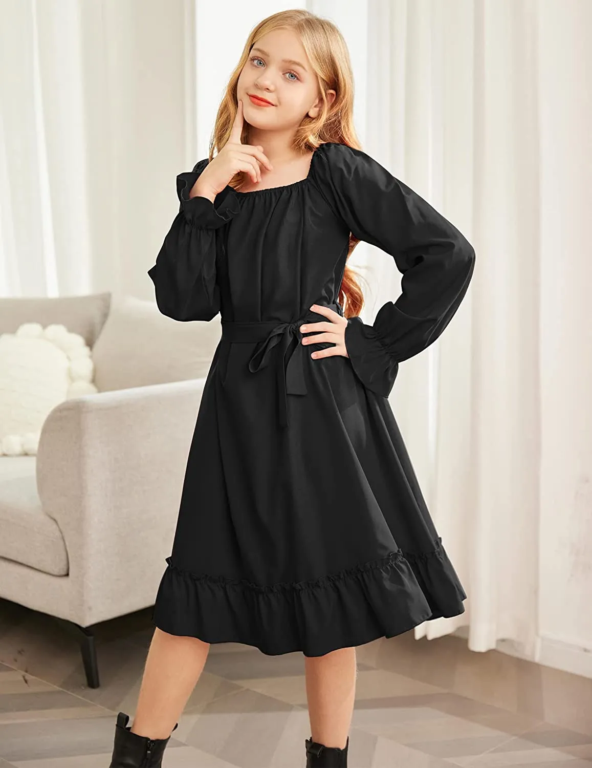 Arshiner Girls Long Sleeve Dress Ruffle Flowy Swing Midi Dresses