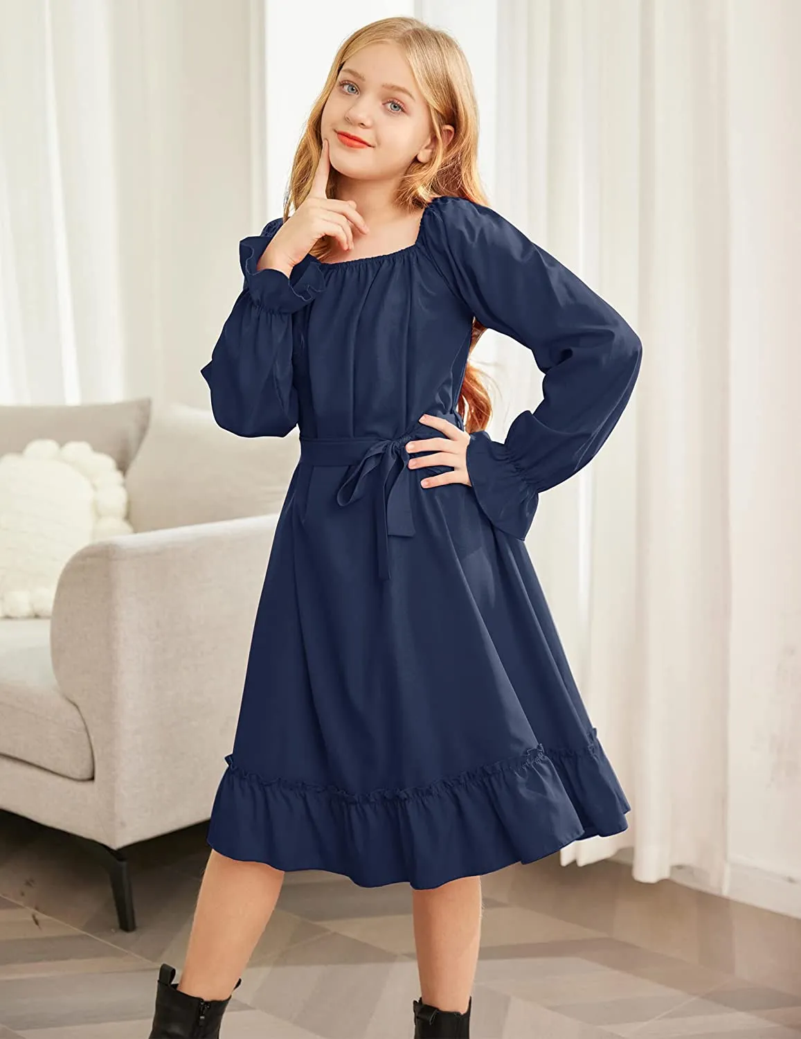 Arshiner Girls Long Sleeve Dress Ruffle Flowy Swing Midi Dresses