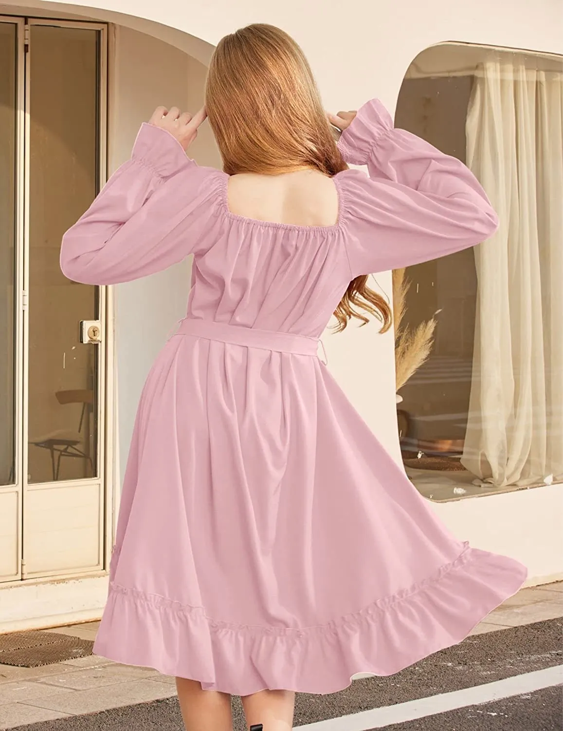 Arshiner Girls Long Sleeve Dress Ruffle Flowy Swing Midi Dresses
