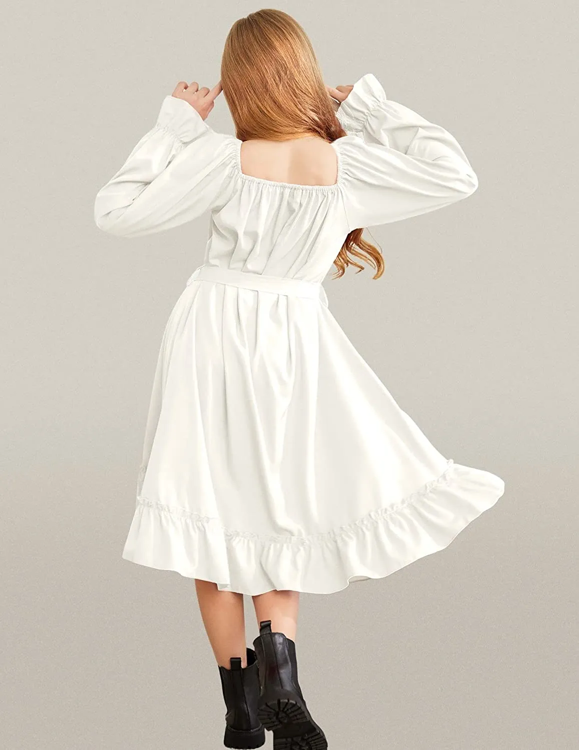 Arshiner Girls Long Sleeve Dress Ruffle Flowy Swing Midi Dresses