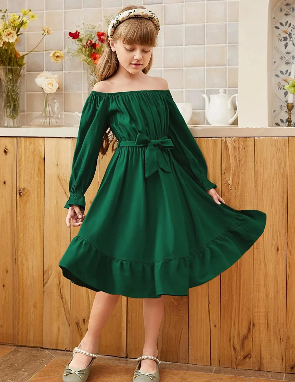 Arshiner Girls Long Sleeve Dress Ruffle Flowy Swing Midi Dresses